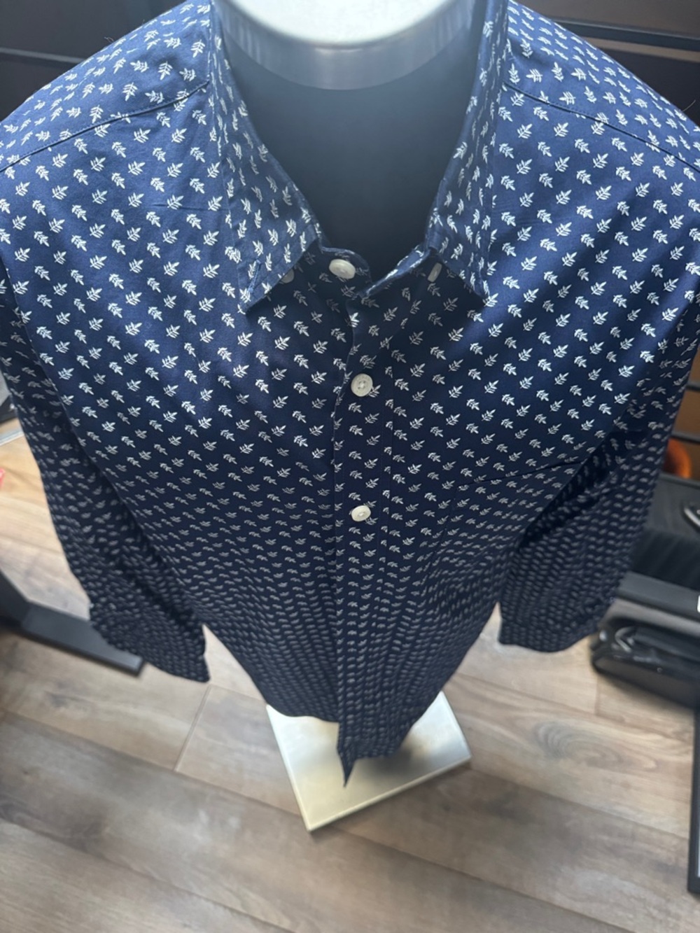Navy Button-Up Shirt with White Micro Print